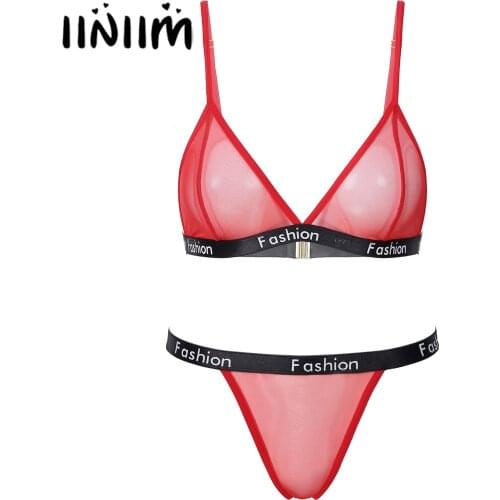 Womens Erotic Sexy See-through Mesh Lingerie Set Underwear Adjustable Spaghetti Strap V Neck Unlined Bra with Low Waist G-string