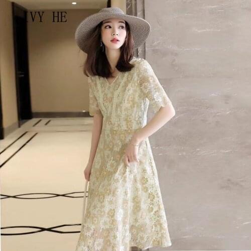 IVY HE High Quality Summer Dress Woman Clothing Lace Flower Midi Long Dress Traf Robe ZA Vintage Daisy Holiday Party Dresses