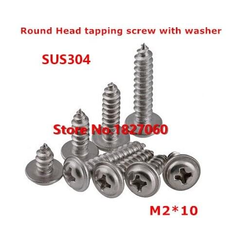 100pcs M2*10 Round head with washer micro self tapping screws, 2mm phillips pan washer head screw