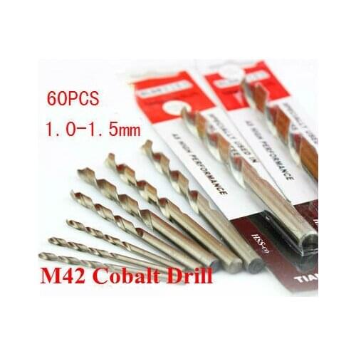 Free shipping 60 pcs 1.0 -1.5mm Cobalt containing high speed steel Co-HSS M42 twist drill bits for metal drilling