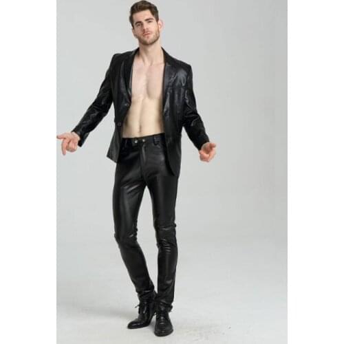 Plus velvet faux leather pants mens motorcycle pu pants fashion tight trousers for men personality pantalon homme black