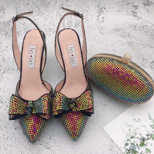 BS1227 Custom Handmade Multicolor Crystal SlingBacks Dress Pumps Big Size High Heel Women Shoes Bridal Wedding Shoes And Bag Set