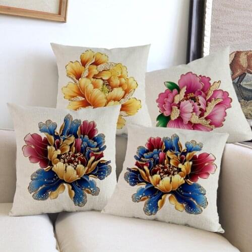 Chinese Style Yellow Red Blue Peony Flower Golden Edge Pattern Linen Pillow Case Home Sofa Chair Car Decoration Cushion Cover