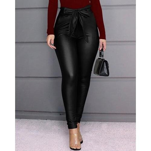 Black Belt Elegant High Waist Pencil Pant Women Faux Leather PU Sashes Long Trousers Casual Sexy Exclusive Design Fashion Pants