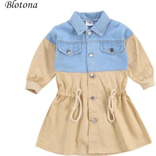 Blotona Kid Baby Girl Denim Patchwork Trench Coat Autumn Fashion Long Sleeve Buttons Waist Drawstring Windbreaker Outerwear 1-6Y