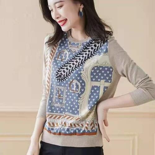 Elegant Sweaters Women Autumn Patchwork Print Long Sleeve Sweater Lady Soft Thin Knitted Pullovers Female Printing Knitted Tops