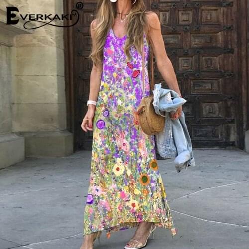 Everkaki Boho Floral Print Maxi Dresses Women Vestidos Retro Sleeveless Sexy Summer Beach Oversized Loose Long Dress Female 2021