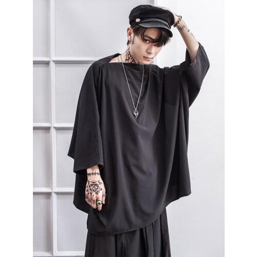 Spring and summer new dark mens oversize bat sleeve T-shirt youth trendy mens hip hop long sleeve T-shirt