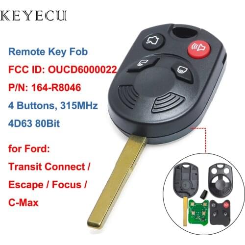 Keyecu Remote Key Fob 4 Buttons 315MHz 80Bit 4D63 for Ford Escape Focus C-Max Transit FCC:OUCD6000022