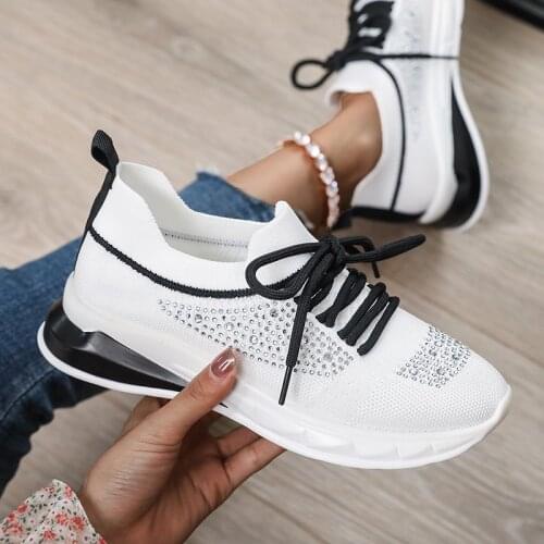 Womens Sneakers Breathable Knitted Casual Women Socks Shoes Lace up Ladies Flats Female Spring Vulcanized Running Shoes Size 43