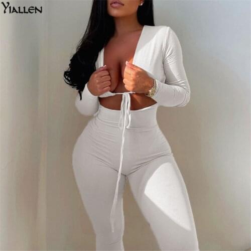 Yiallen Summer Solid Skinny Sexy Deep V Jumpsuit Sexy Low-Neck Long Sleeve Activewear Fitness Solid Casual Street Outfits Hot