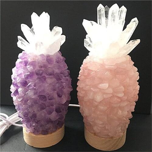 Natural rose crystal Pineapple lamp points healing USB wooden base holiday gift