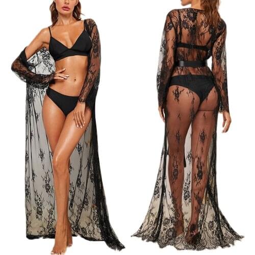 New Women Long Sleeve Lace Robe Dress Fashion Solid Sexy Perspective Pajamas Robe Sleepwear Underwear Lingerie Satin Silk Belt