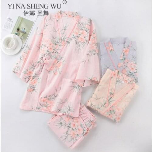 New Japanese Style Women Kimono Pajamas Sets Robe Gown 2pcs/set Bathrobe Trousers Sleepwear Loose Women Comfortable Pajamas Sets