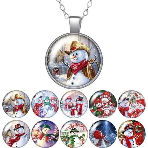 Christmas Snowman Winter Round Pendant Necklace 25mm Glass Cabochon Women Girl Jewelry Party Birthday Gift 50cm
