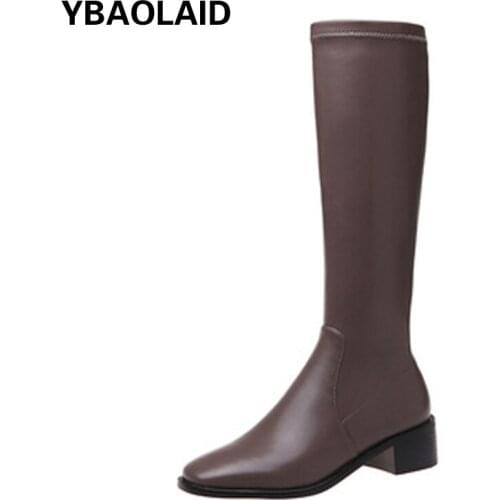 Square Toe Side Zipper Medium Thick Heel But Knee Boots New Style Pure Color High-Tube Elastic Thin Boots for Autumn and Winter
