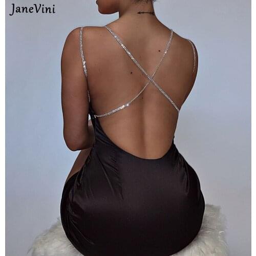 JaneVini Sexy Black Satin Mini Dresses Women Diamond Strip Backless Fashion Solid Outfits Female Night Club Wear Bodycon Dress