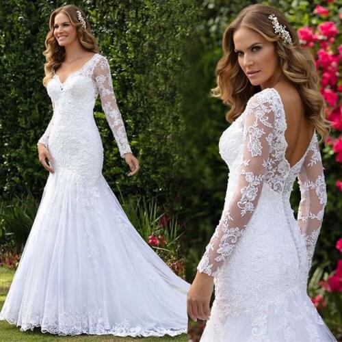 Long Sleeve Wedding Dress Mermaid Bride Dresses 2020 Lace Pearls V-Neck Backless Plus Size Bridal Gowns Vestido De Noiva