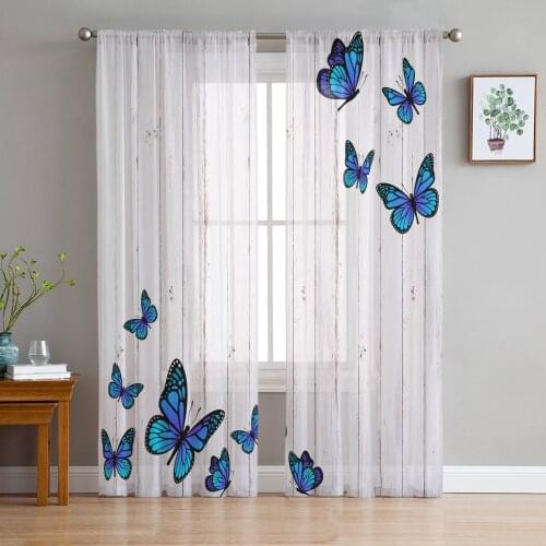 Wood Grain Retro Butterfly Tulle Curtains For Living Room Bedroom Voile Curtain Home Decoration Sheer Balcony Door Curtain