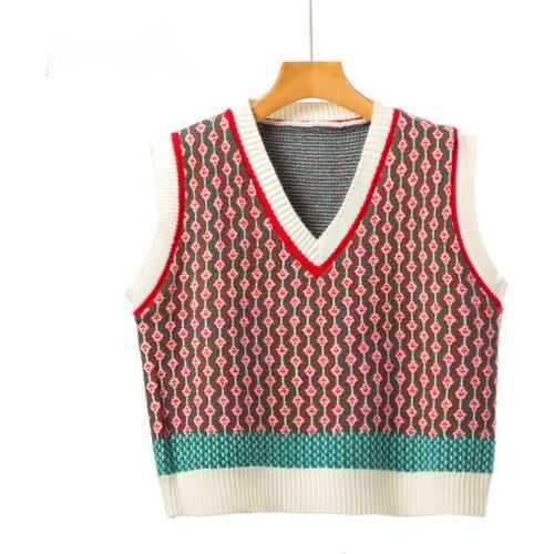 Urifens 2021 Spring New Loose Fitting Sleeveless Knitted Vest For Women College Style V-neck Geometric Vintage Chic Vest BN50U