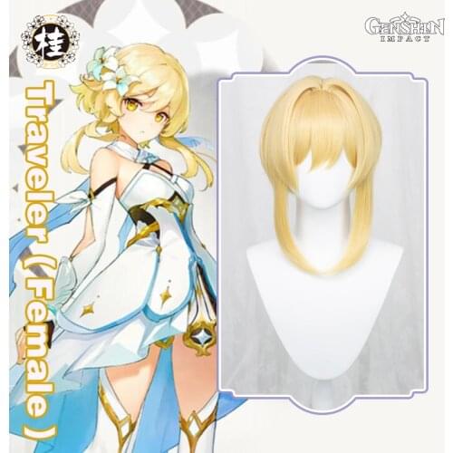 UWOWO Genshin Impact Female Traveler Cosplay Wig 35cm Gold Short Hair Lumine/Hotaru/Hyeong