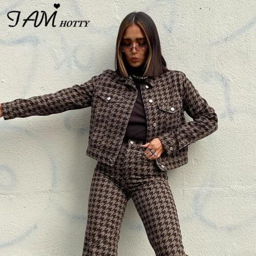 Vintage Swallow Gird Print Cropped Jacket Women Autumn 2020 Elegant Fashion Button Up Pockets Short Coat Female Tops Iamhotty