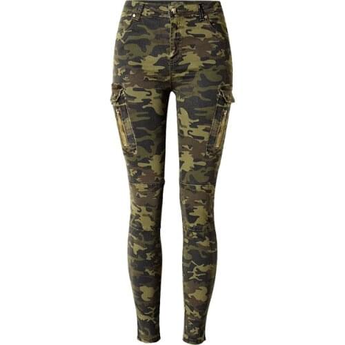 Spring women fashion water wash pencil style camouflage casual pants female trendy cargo style skinny jeans denim bottom