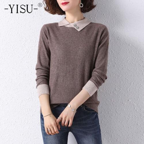 YISU College style Spring Women Sweater lapel Spring tops Female Solid color Long sleeve Jumper Casual Thin Knitted pullover