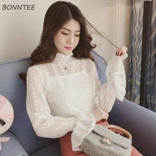 Shirts Women Turtleneck Leisure Spring Lace Flare Sleeve Korean Version Fashion All-match Solid Hot Sale Elegant Female Blouses