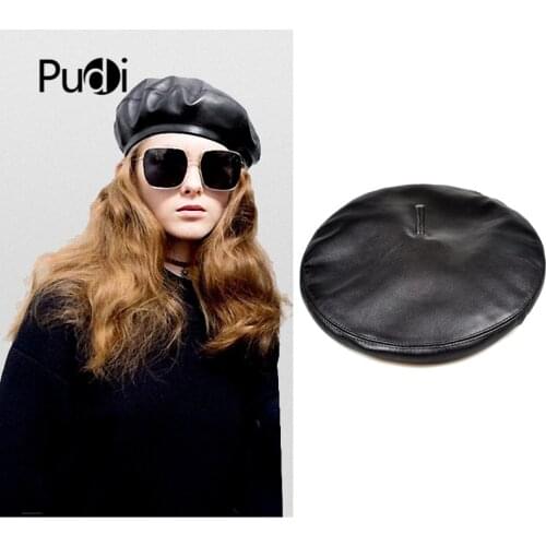 Pudi Woman Genuine Leather Beret Cap Hat 2019 New Girl Sheep Leather Artists Hats Caps HL925