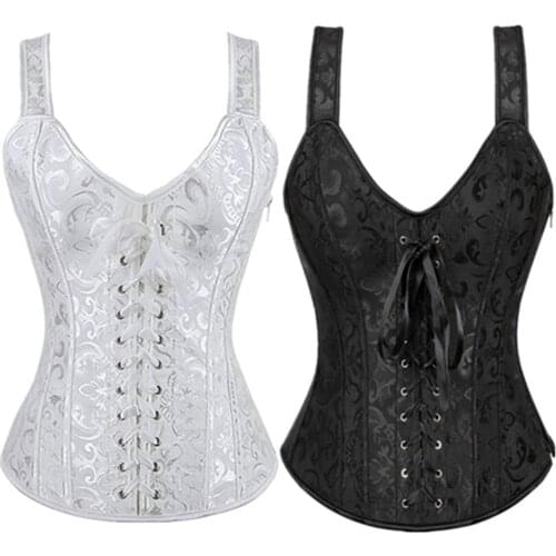 Womens Gothic Lace Up Corset Jacquard Shoulder Straps Tank Overbust Corset Bustiers Sexy Zipper Lingerie Corset Top Plus Size