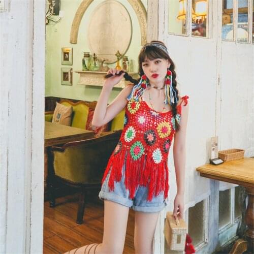 2021 Bohemian Retro Crochet Camis Tanks Tops Women Colorful Plaid Handmade Knitted Vest Female With Tassel Holiday Beach Wear