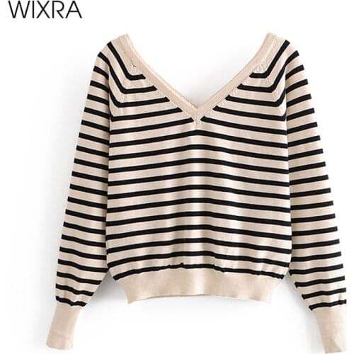 Wixra Ladies Knitted Sweater Womens Striped Pullovers Autumn Winter V Neck Patchwork Jumper Soft Tops New Knitwear