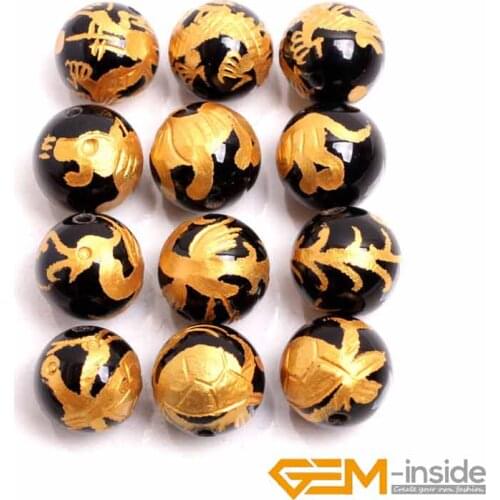 10 12 14mm Natural Black Agates Gold Carved Dragon Turtle Tiger Phoenix Prayer Rosary Beads DIY Bead For Jewelry Making 4 PCS