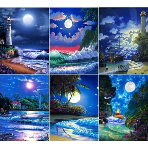 2021 New Diamond Embroidery Blue Seaside Night Scene Landscape Diamond Painting Cross Stitch Kit Picture Moon Handicraft Gift 01