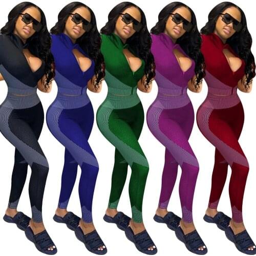 Adogirl Color Block Two Piece Set Woman Sweatpants Casual Short Sleeve Zipper Crop Top And Pencil Pants Gym Workout Outfits