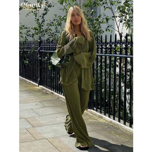 Clacive Elegant Green Pants Set Women Autumn Long Sleeve Blouses Matching Wide Trousers Suit Loose Shirts Two Piece Pant Set