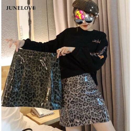 JuneLove Women Autumn Leopard Skirts Vintage PU Leather Female A-Line Skirts Casual Street Lady Animal Print Mini Skirts Bottoms