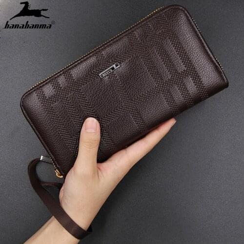 Brand New Wristband Men Wallets Brown Leather Card Holder Cell Phone Pocket Long Wallet Male Zipper Clutch Purse Mans Carteira