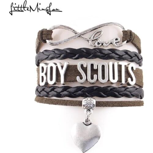 Little Minglou Infinity love Boy Scouts bracelet heart charm leather wrap boy bracelets & bangles for school children jewelry