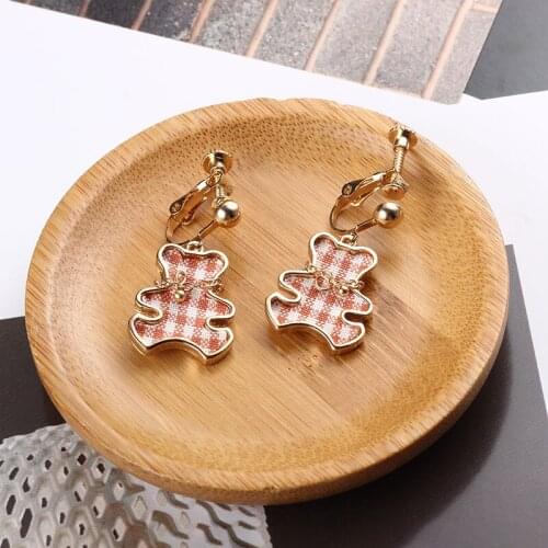 Cute Bear Clip On Earrings For Women Red Dangle Clip Earring Non Piercing Girls Plaid Cloth Animal Simple Earings For Woman