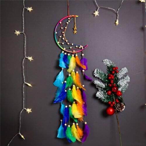 Colorful Moon Gold Stars Dreamcatcher Handmade Wall Hanging Pendant Kids Bedroom Feather Dreamcatcher Wall Hanging Decoration