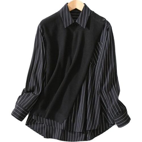 2020 new spring and autumn holiday two-piece shirt female design sense niche striped womens outer wear all-match top