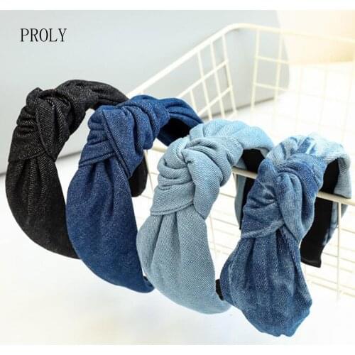 PROLY New Fashion Women Headband Casual Blue Black Denim Hairband Center Knot Headwear Turban Classic Adult Hair Accessories