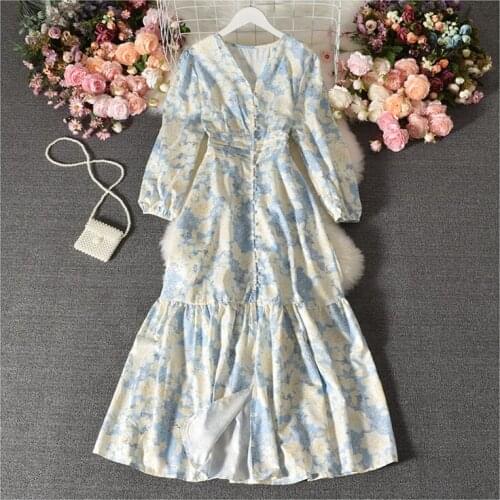 Printed Button Decoration V-neck Elastic Waist Tight Waist Slim Summer New Long Sleeve Chiffon Dress Womens Dress Vestidos