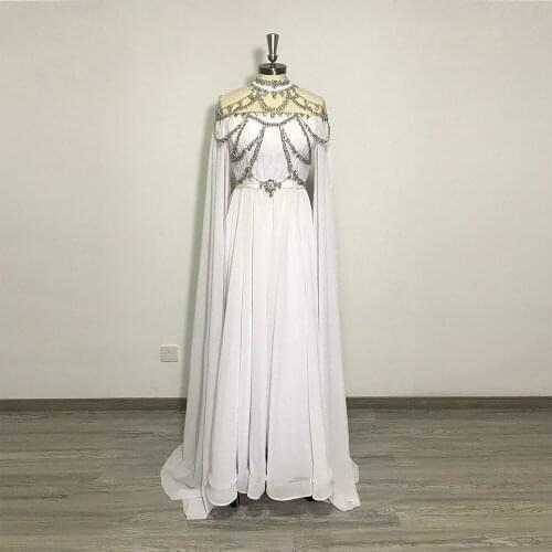 A-Line Arabic Dubai Evening Dresses Handmade High Neck Beaded Prom Formal Gowns 2020