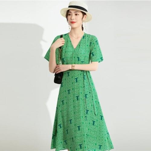 Green mulberry silk printed letter floral dress women v neck summer long work boho office sexy party luxury dresses plus size