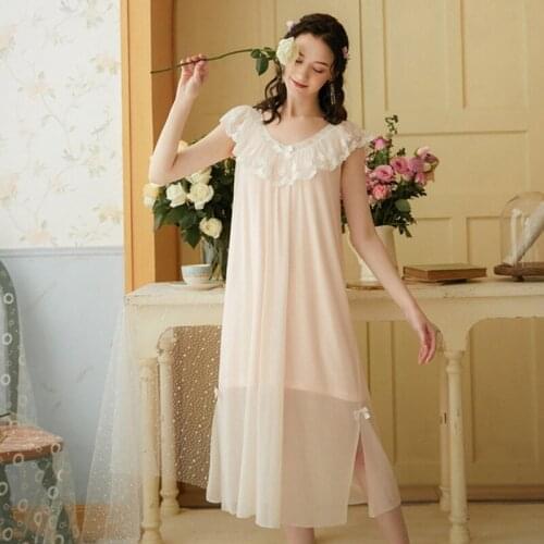 Palace Style Princess Modal Sleepwear Womens Sweet Sleepshirt Long Loose Ladies Nightgown Outwear Ice Silk Nightdress Party