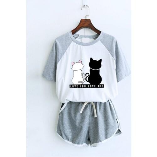 Womens Homewear Love Cat Printed Pajamas Set Casual Short Sleeve T-shirt Sleepwear Nightwear Set Summer Pyjama For Women Set