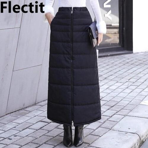 Flectit Black Quilted Skirt Front Zip Up Pocket Ankle Length Long Thick Skirt Winter Womens Warm Clothing Skirt Plus Size XXL